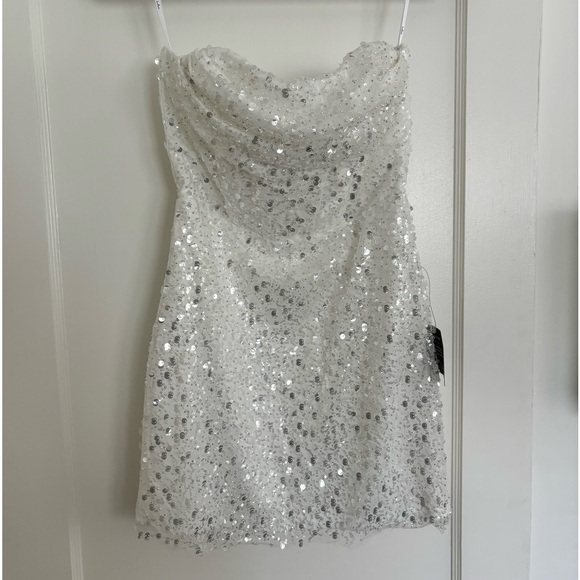 White Sequin Pearl Strapless Mini Dress - Picture 7 of 8